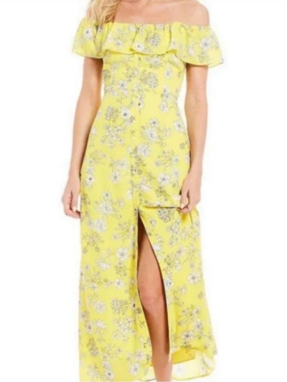 Gianni Bini Yellow Floral Off-Shoulder Maxi Dress with Front Slit